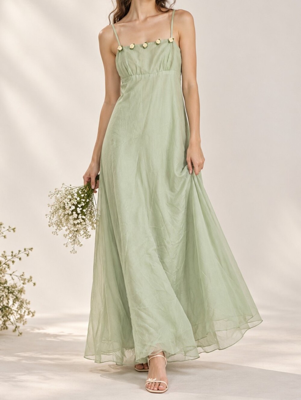 Vintage Sheer Overlay Floral Maxi Dress Size XS Green Feminine Romantic